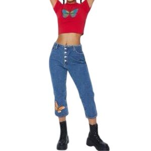 Vintage No Boundaries Low Waist Blue Denim Butterfly Capri Jeans Size 11